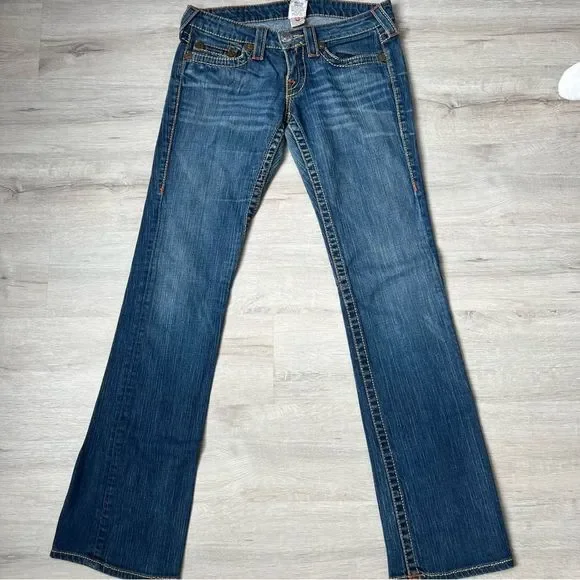 TRUE RELIGIONS Vintage Johnny Big T Denim Yellow Stitches Woman’s Jeans  Size